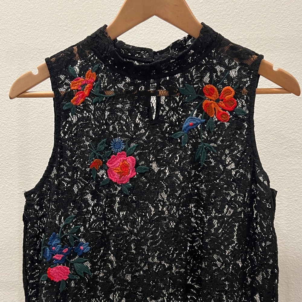 LOFT Black Lace Top with Colorful Floral Embroidery
